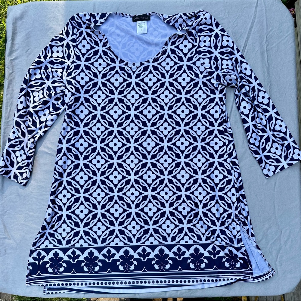 Slinky Brand Navy & White Geometric Floral Tunic L Stretch Border Print